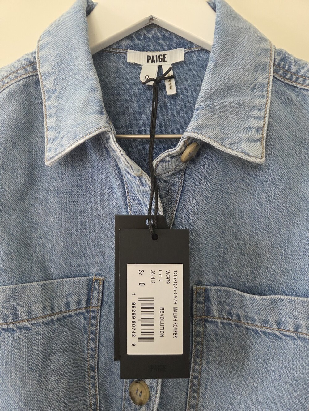 PAIGE Maliah Light Blue Denim Button-Up Romper with Drawstring - Picture 7 of 8